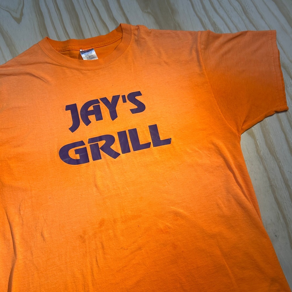 Jerzees Mens XL Orange Jays Grill Graphic T-Shirt Heavyweight Blend Short Sleeve
